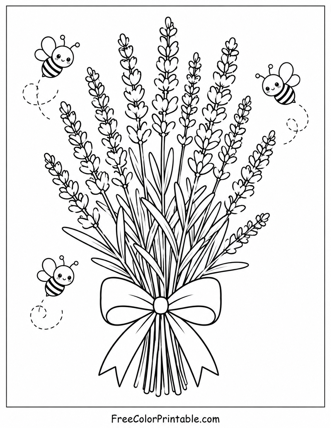 Lavender bouquet with cheerful bees Coloring Page — Free Printable — free printable coloring page